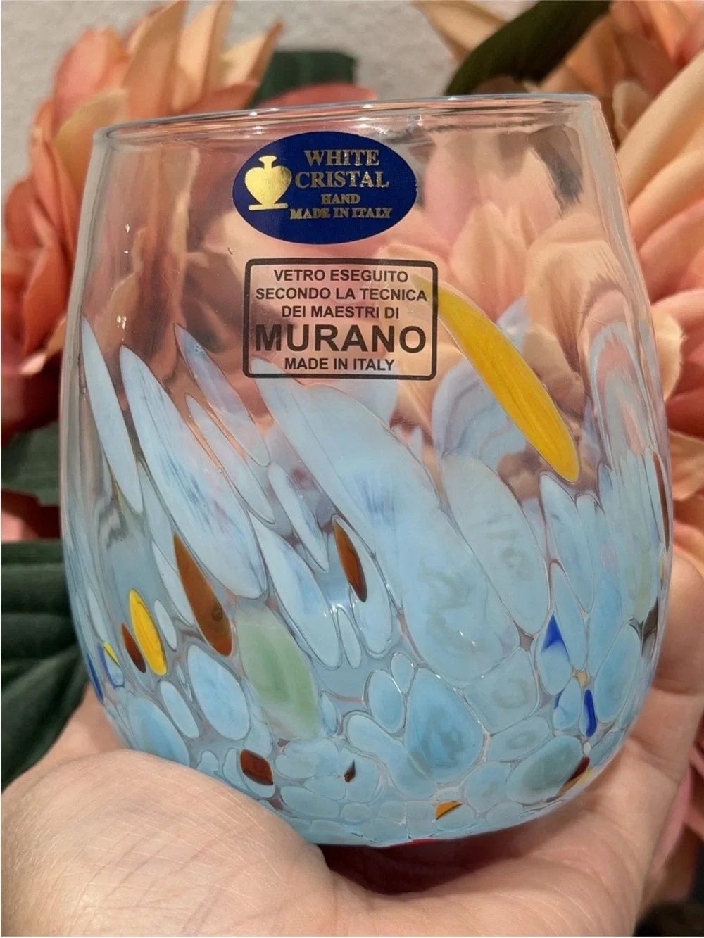 Murano White Cristal Celeste Blue Confetti Stemless Glass Wine Tumbler Set- 4
